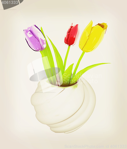 Image of Tulips with leaf in vase. 3D illustration. Vintage style.