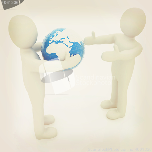 Image of 3d mens around the earth kindly make contact. 3D illustration. V