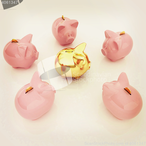 Image of gold coin with with the piggy banks. 3D illustration. Vintage st