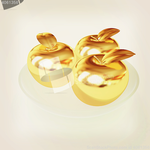 Image of Gold apples on a plate. 3D illustration. Vintage style.