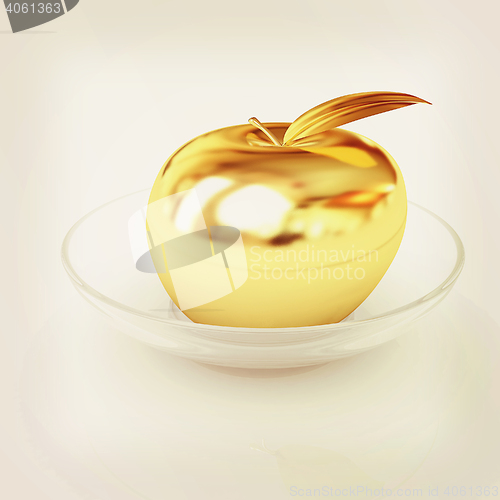Image of Gold apple on a plate. 3D illustration. Vintage style.