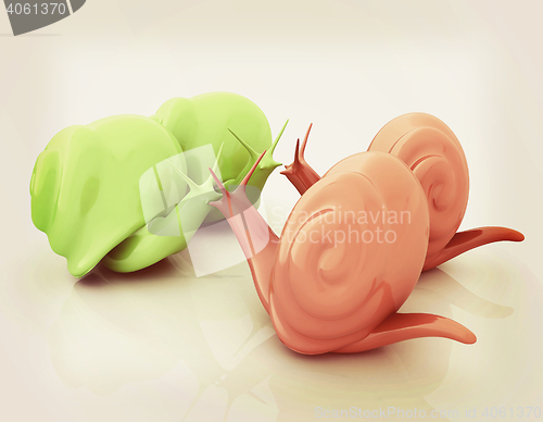 Image of 3d fantasy animals, snails on white background . 3D illustration