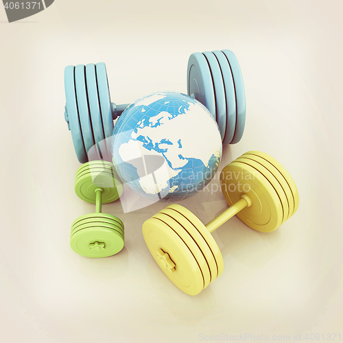 Image of dumbbells and earth. 3D illustration. Vintage style.