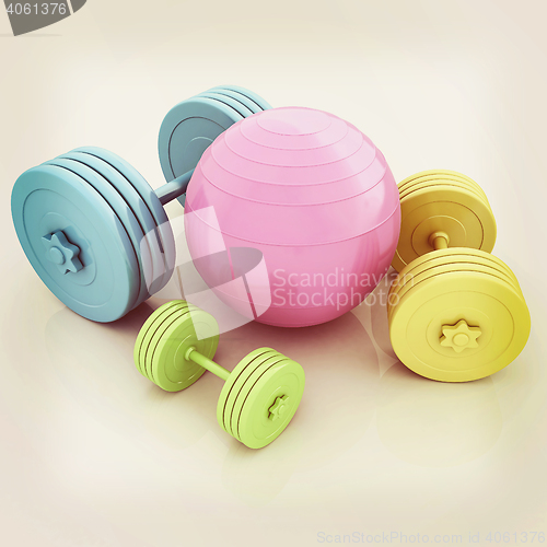 Image of Fitness ball and dumbell. 3D illustration. Vintage style.