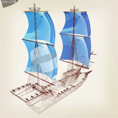 Image of 3d model ship. 3D illustration. Vintage style.