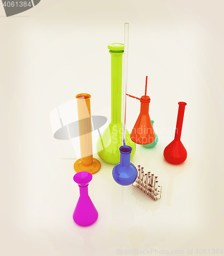 Image of Chemistry set, with test tubes, and beakers filled with colored 