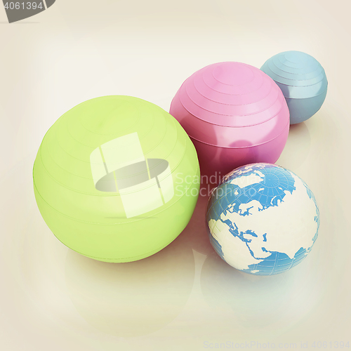 Image of Pilates fitness ball and earth. 3D illustration. Vintage style.
