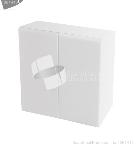 Image of white wooden doors of modern cupboard 