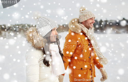 Image of happy couple walking over winter background