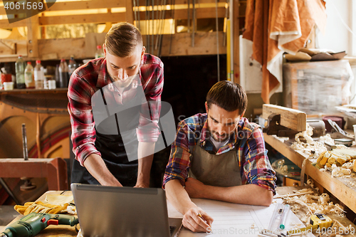 Image of carpenters with laptop and blueprint at workshop