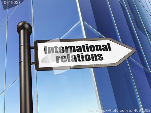 Image of Politics concept: sign International Relations on Building background