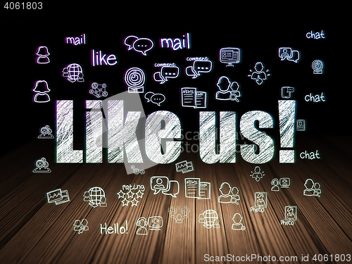 Image of Social media concept: Like us! in grunge dark room