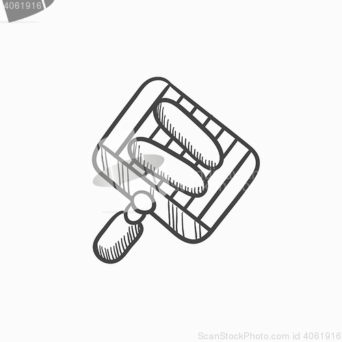 Image of Grilled sausage on grate for barbecue sketch icon.