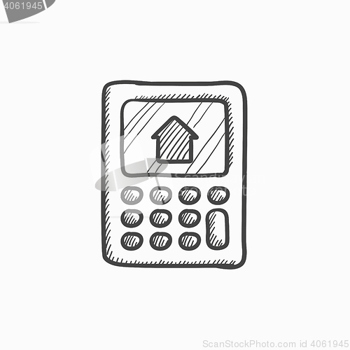 Image of Calculator with house on display sketch icon.