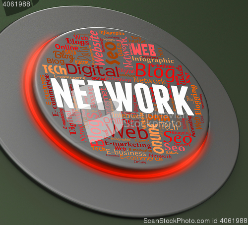 Image of Network Button Shows Global Communications And Computer