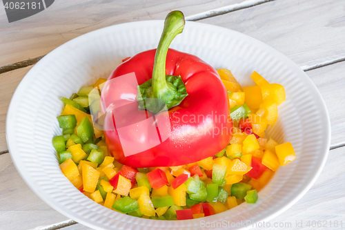 Image of Sliced pepper on a plate on a wooden table