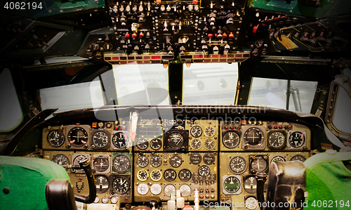 Image of Center console and throttles in airplane