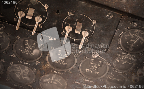 Image of Different meters and displays in an old plane