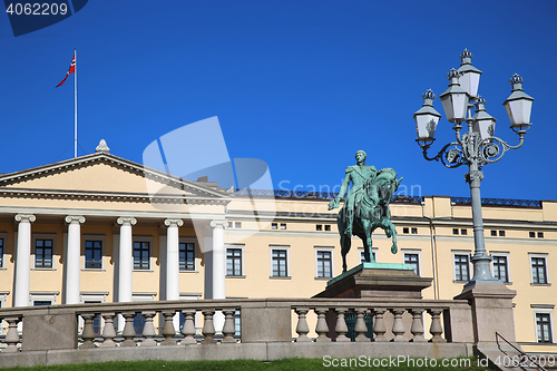 Image of The Royal Palace and statue of King Karl Johan XIV in Oslo, Norw