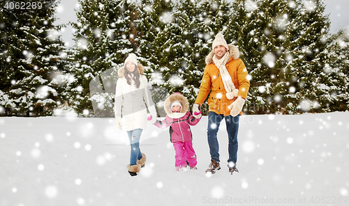 Image of happy family in winter clothes walking outdoors