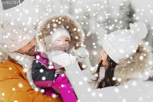 Image of happy family with child in winter clothes outdoors