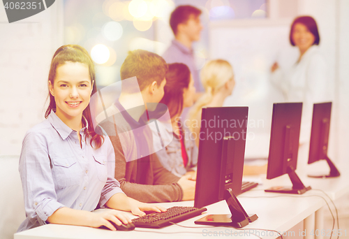 Image of students with computer monitor at school