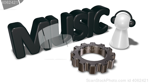 Image of music tag, gear wheel and pawn with headphones - 3d rendering