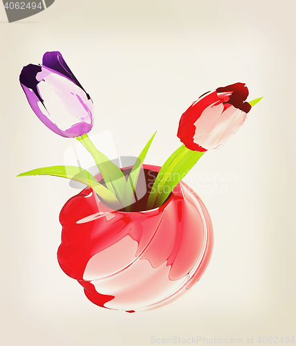 Image of Tulips with leaf in vase. 3D illustration. Vintage style.