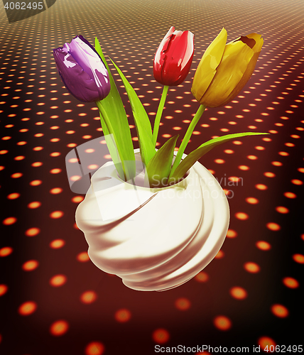 Image of Tulips with leaf in vase. 3D illustration. Vintage style.