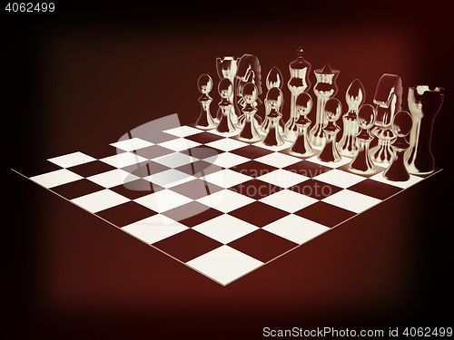 Image of Chessboard with chess pieces. 3D illustration. Vintage style.