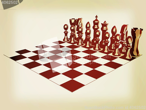 Image of Chessboard with chess pieces. 3D illustration. Vintage style.