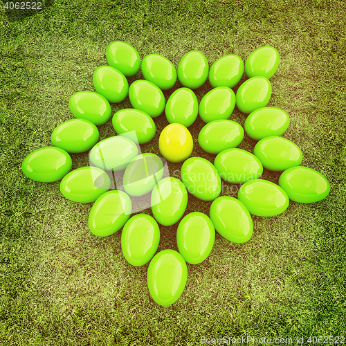 Image of Colored Easter eggs as a flower on a green grass. 3D illustratio