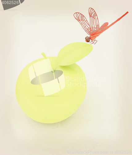 Image of Dragonfly on apple. 3D illustration. Vintage style.