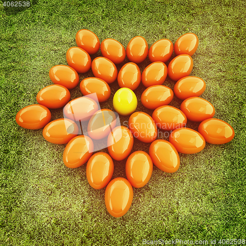 Image of Colored Easter eggs as a flower on a green grass. 3D illustratio