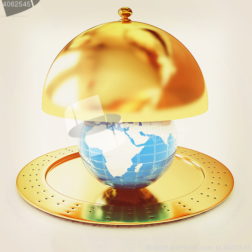 Image of Serving dome or Cloche and Earth. 3D illustration. Vintage style