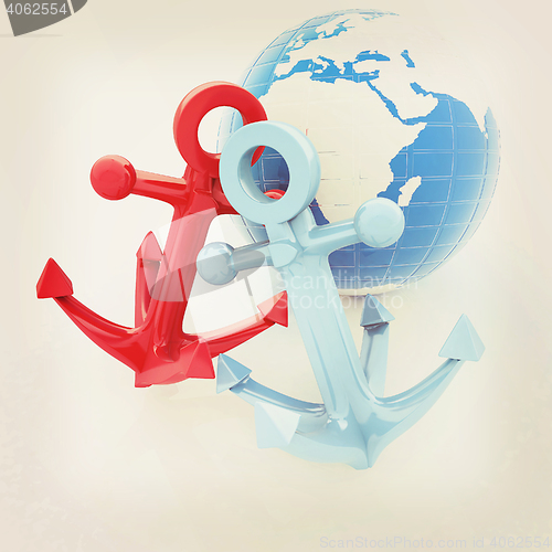 Image of anchors and Earth. 3D illustration. Vintage style.