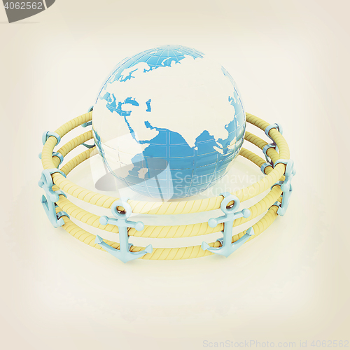 Image of Design fence of anchors on the ropes and Earth in the center. 3D
