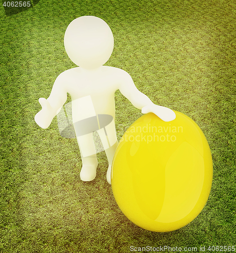 Image of 3d small person holds the big Easter egg in a hand. 3d image. On