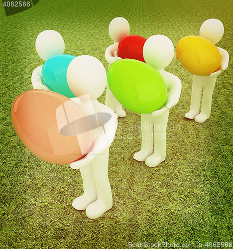 Image of 3d small persons holds the big Easter egg in a hand. 3d image. O