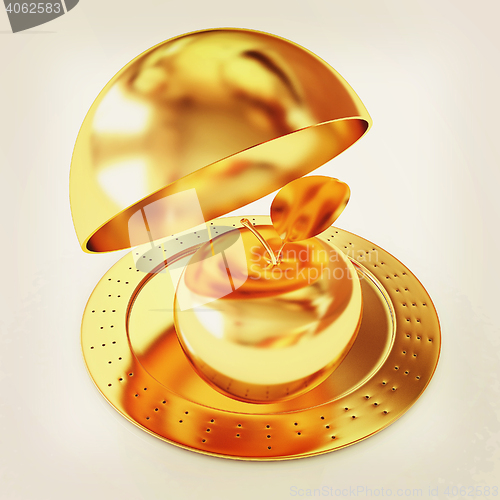 Image of Gold Serving dome or Cloche and gold apple . 3D illustration. Vi