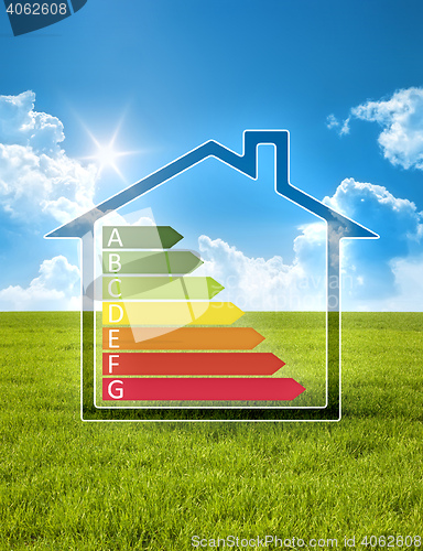 Image of green house in the sun with energy efficiency graph