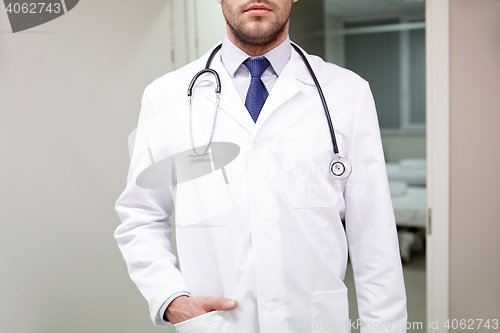 Image of close up of doctor with stethoscope at hospital