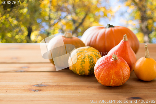 Image of close up of pumpkins on wooden table outdoors