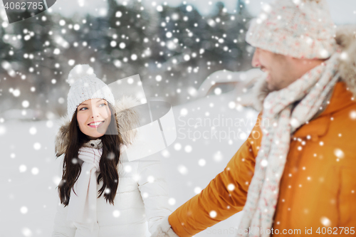 Image of happy couple walking over winter background