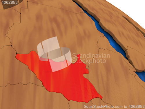 Image of South Sudan on wooden globe