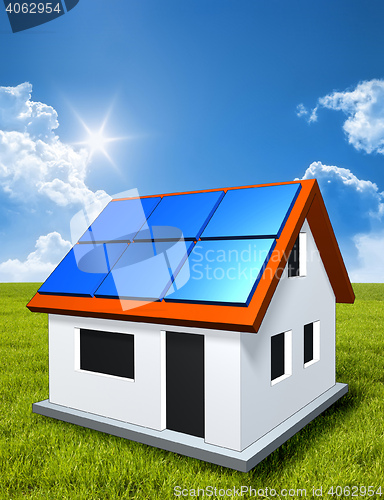 Image of green house in the sun with solar panels