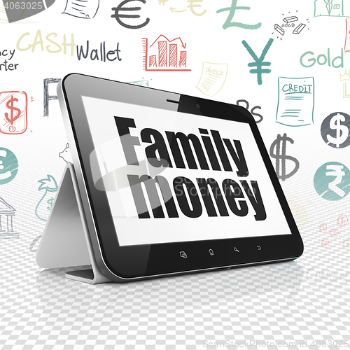 Image of Currency concept: Tablet Computer with Family Money on display