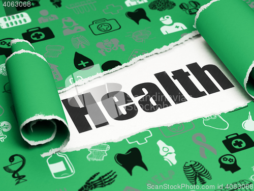 Image of Health concept: black text Health under the piece of  torn paper
