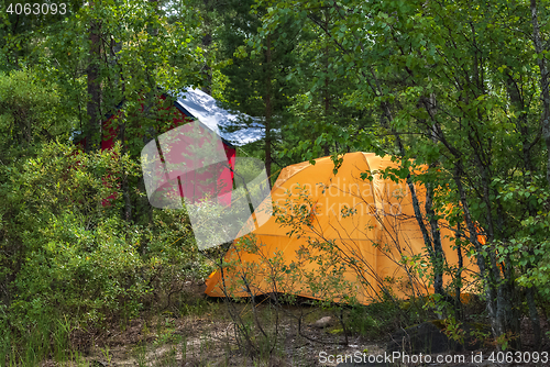 Image of Yellow tent in the woods.