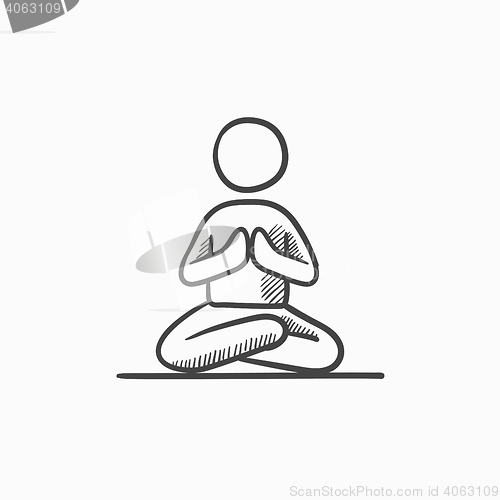 Image of Man meditating in lotus pose sketch icon.